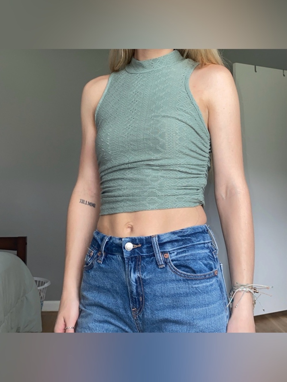 SHEIN Sage Green High-Neck Lace Crop Top